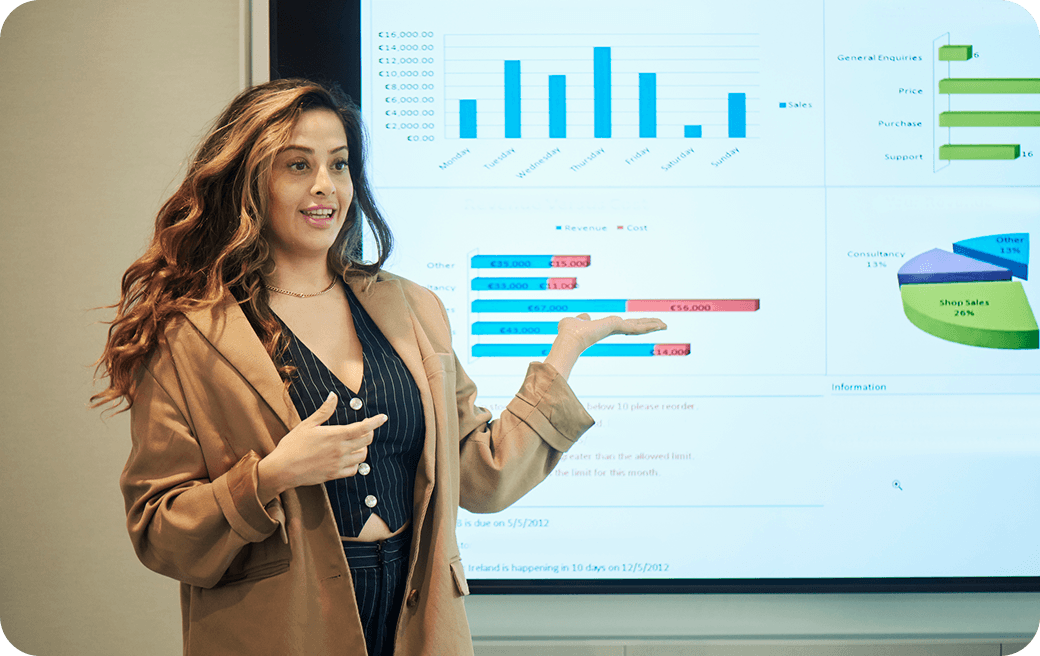 Professional giving a presentation with charts